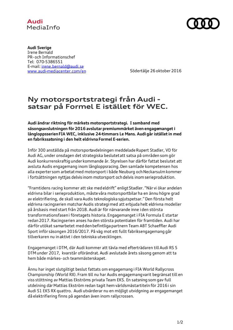 Ny motorsportstrategi från Audi - satsar på Formel E istället för WEC.