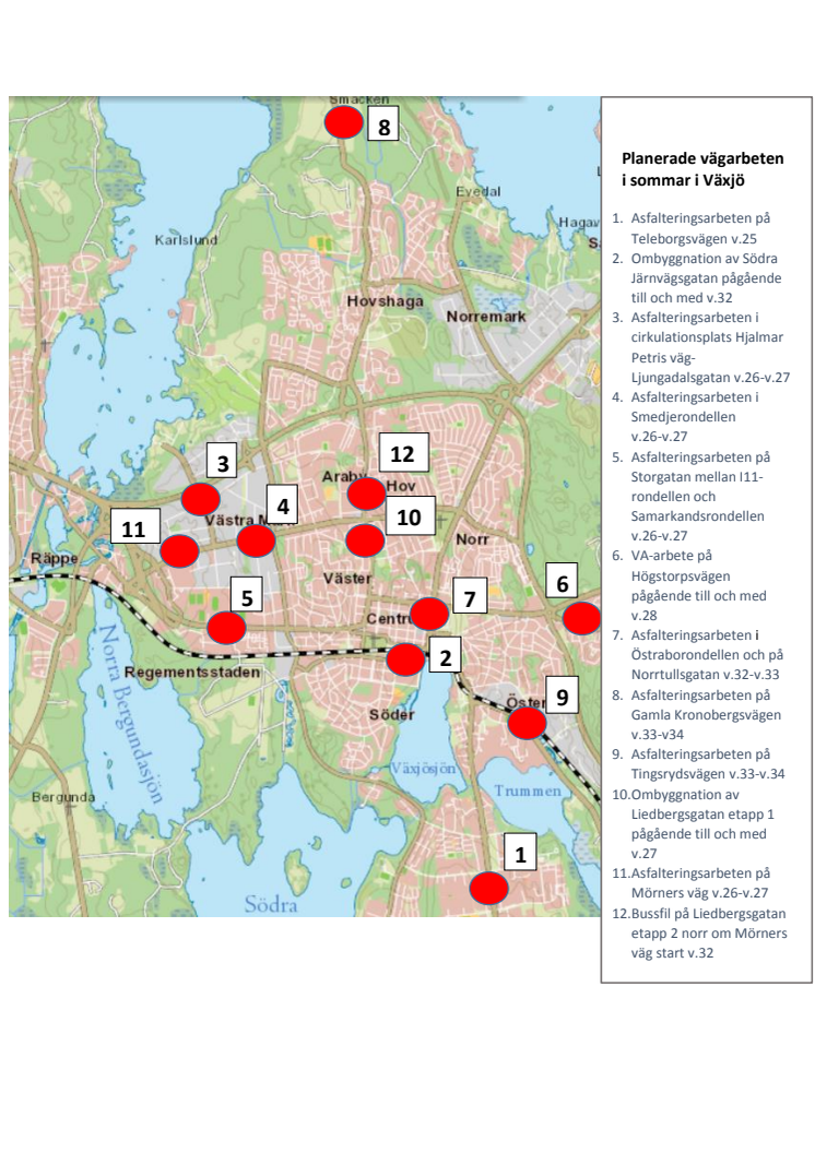 Vägarbeten i Växjö under sommaren.