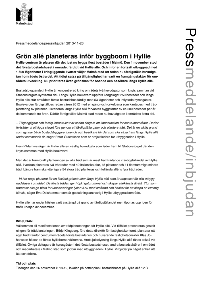 Pressinbjudan - Grön allé planeteras inför byggboom i Hyllie