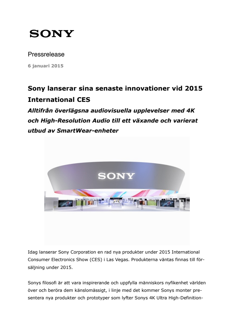 Sony lanserar sina senaste innovationer vid 2015 International CES