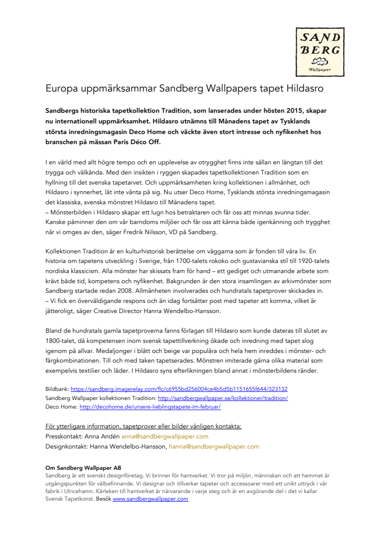 Europa uppmärksammar Sandberg Wallpapers tapet Hildasro 