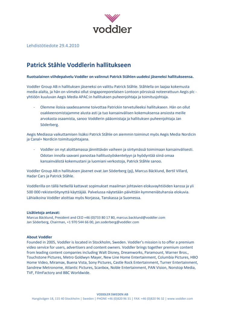 Patrick Ståhle Voddlerin hallitukseen