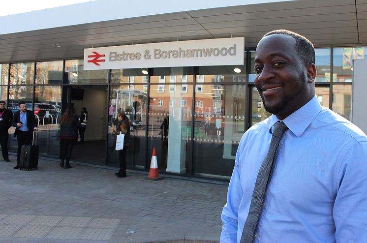 Station manager Marc Asamoah outside the newly completed extended concourse at Elstree & Borehamwood