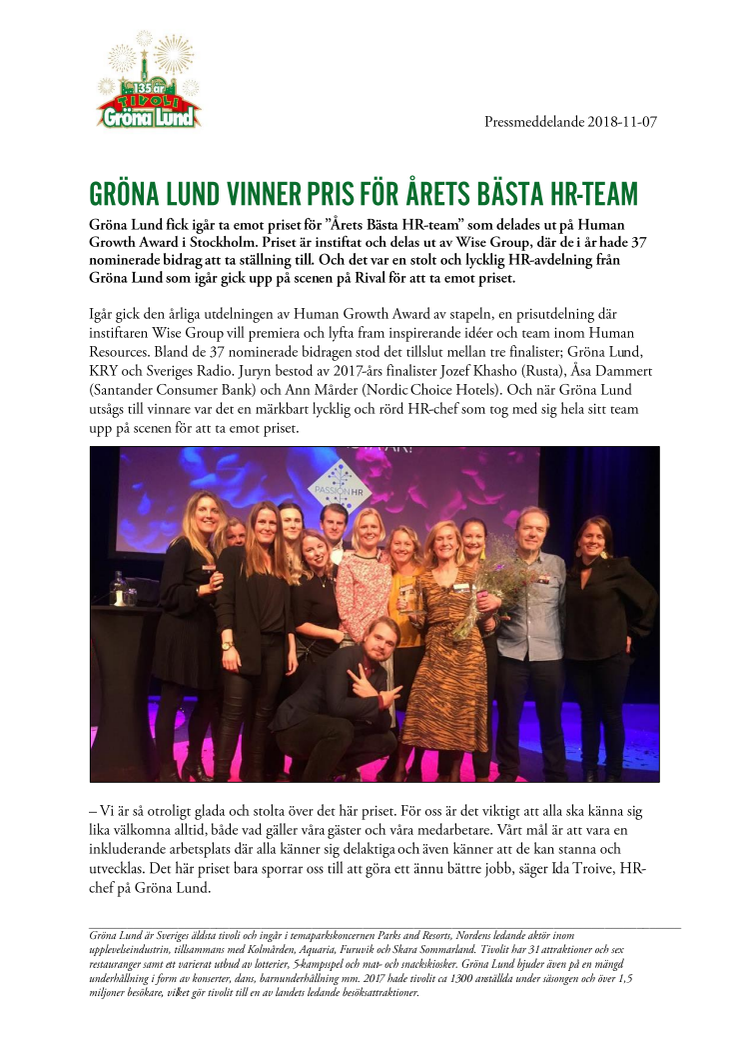 Gröna Lund vinner pris för Årets bästa HR-team