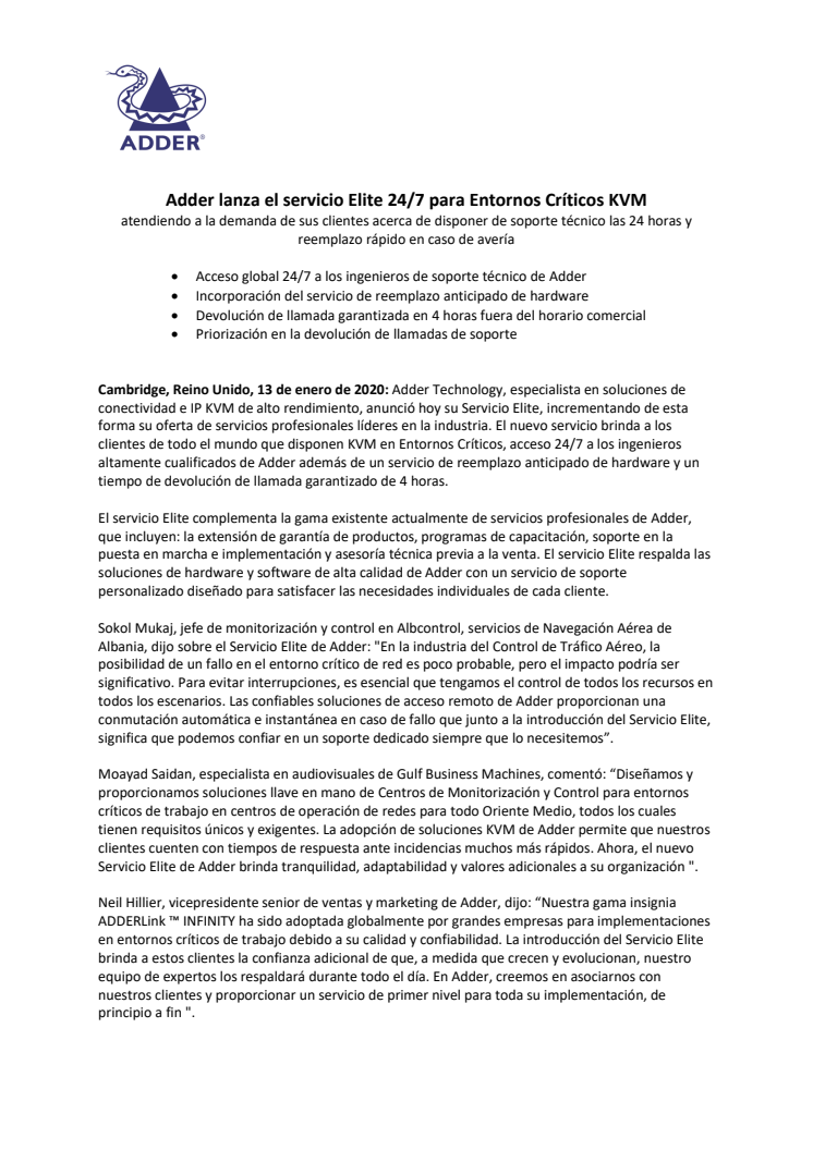 Adder lanza el servicio Elite 24/7 para Entornos Críticos KVM