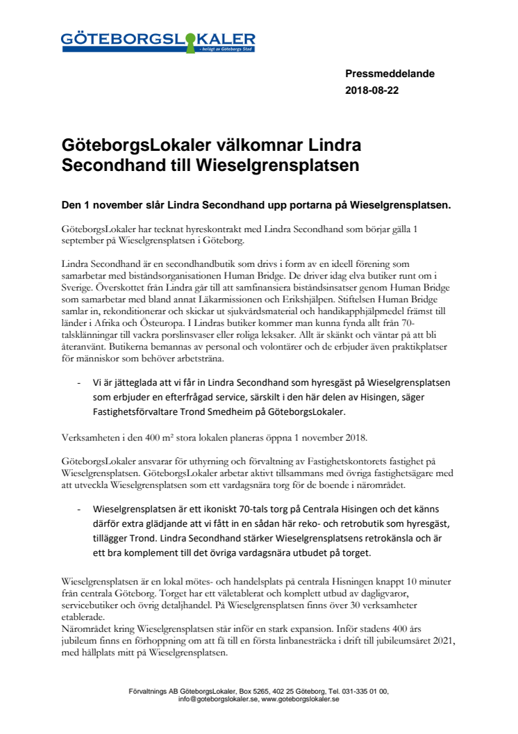 GöteborgsLokaler välkomnar Lindra Secondhand till Wieselgrensplatsen