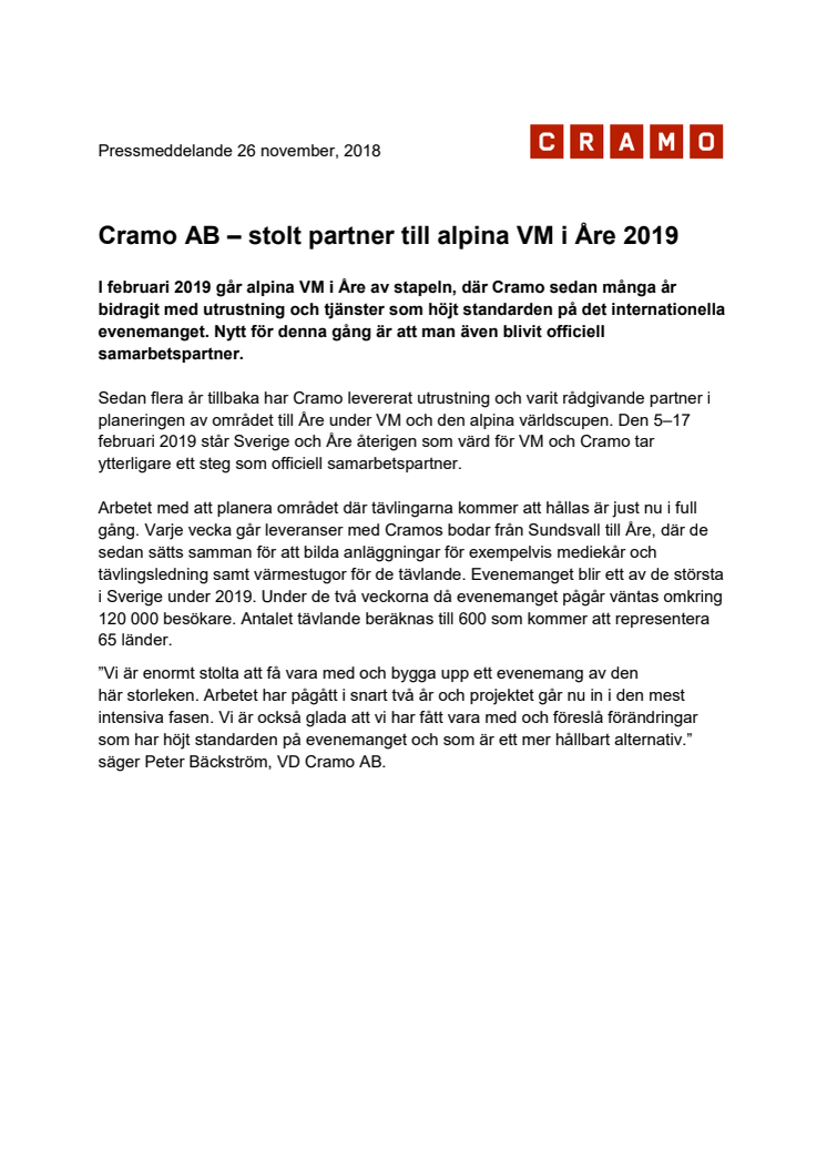  Cramo AB – stolt partner till alpina VM i Åre 2019