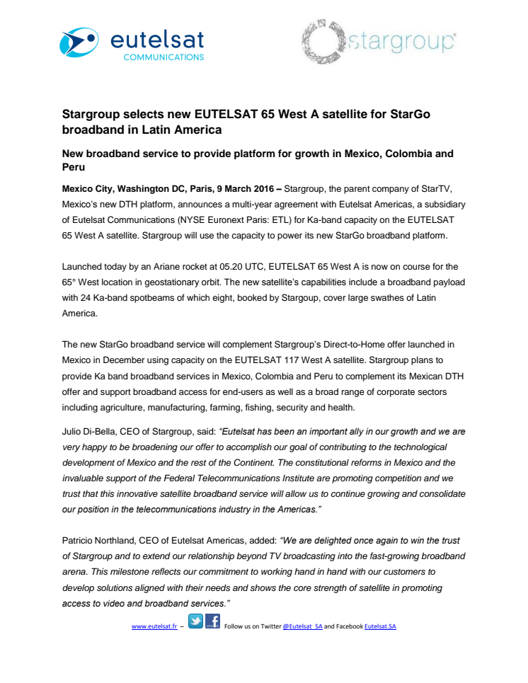 Stargroup selects new EUTELSAT 65 West A satellite for StarGo broadband in Latin America