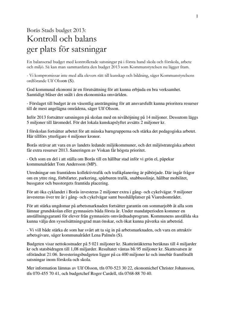 Borås Stads budget 2013: Kontroll och balans ger plats för satsningar