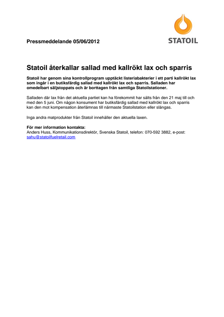 Statoil återkallar sallad med kallrökt lax och sparris