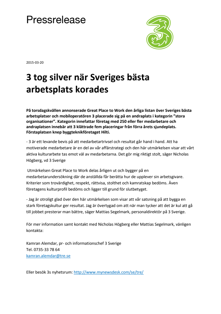 3 tog silver när Sveriges bästa arbetsplats korades