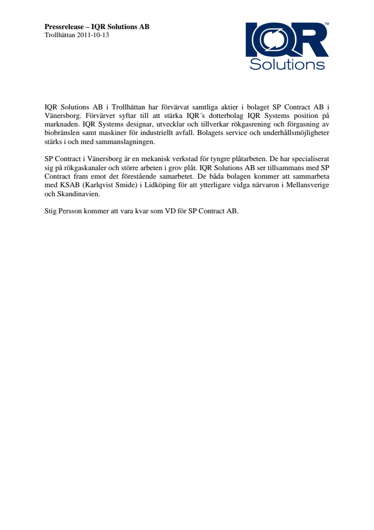 IQR Solutions AB köper SP Contract AB