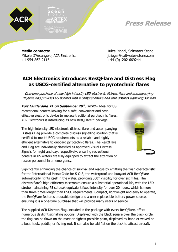 ACR Electronics introduces ResQFlare and Distress Flag
