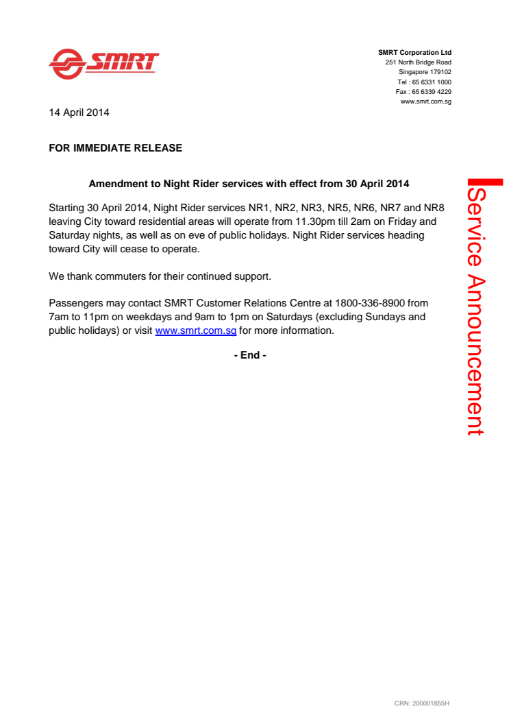 Amendment to Night Rider services with effect from 30 April 2014