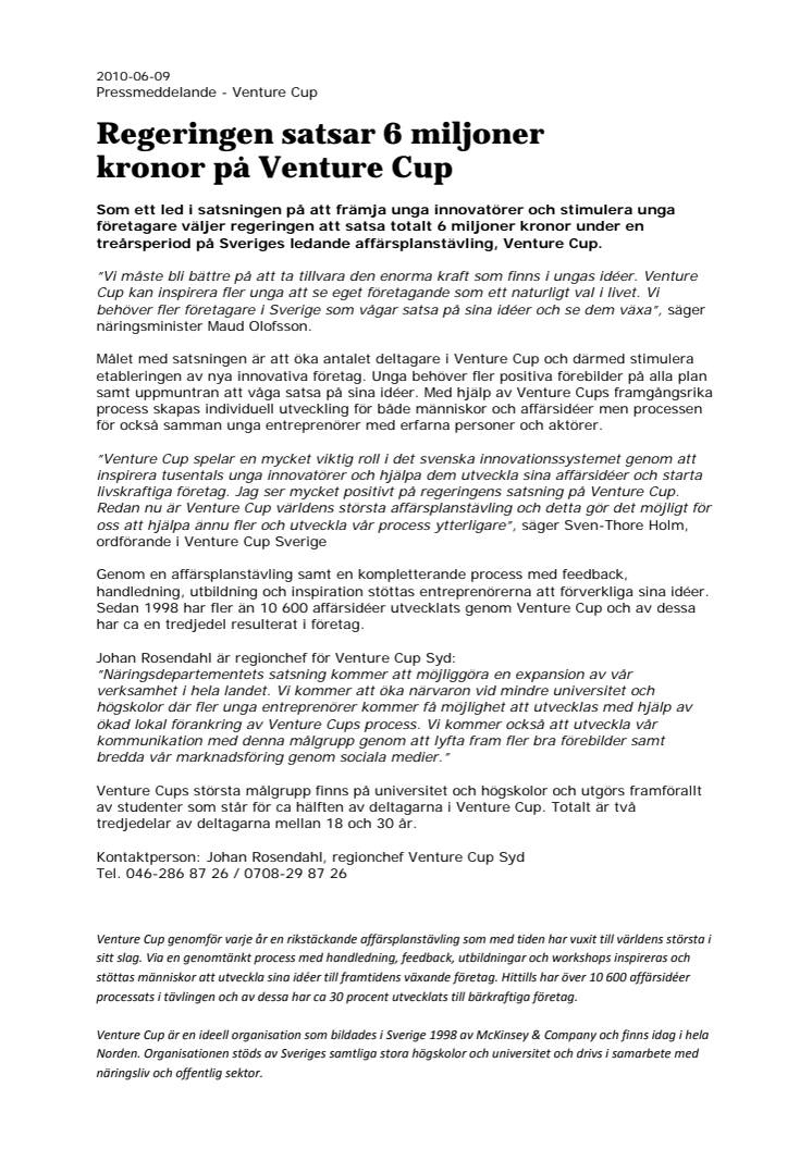 Regeringen satsar 6 miljoner kronor på Venture Cup