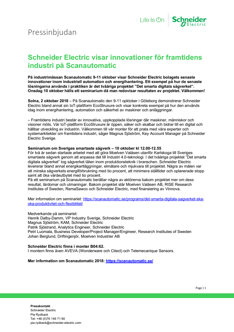 Schneider Electric visar innovationer för framtidens industri på Scanautomatic