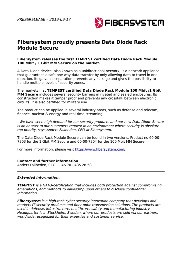 Fibersystem proudly presents Data Diode Rack Module Secure