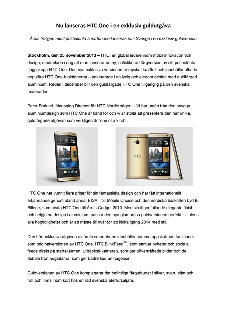 Nu lanseras HTC One i en exklusiv guldutgåva