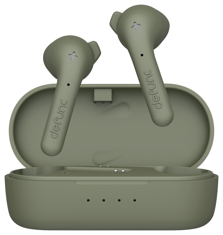 Defunc TRUE BASIC Alternative Earbuds Poping Out of the Charging Case Green.png