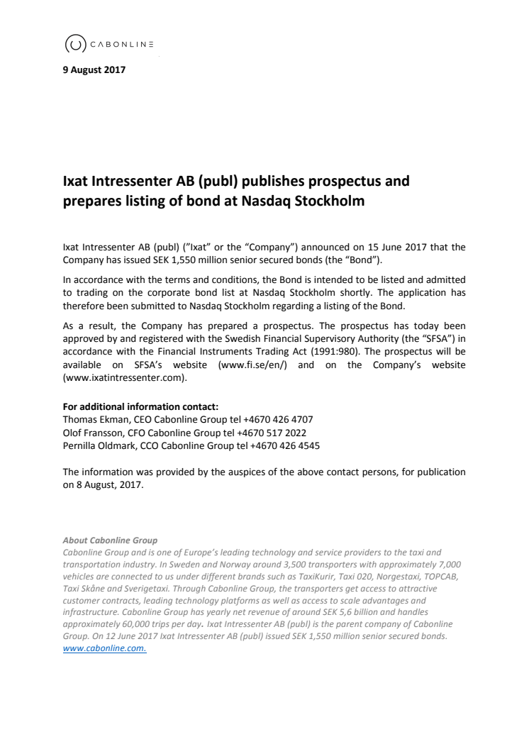 Ixat Intressenter AB (publ) publishes prospectus and prepares listing of bond at Nasdaq Stockholm