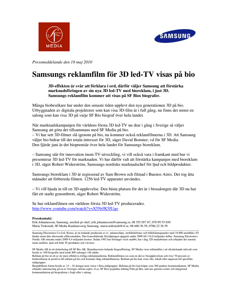 Samsungs reklamfilm för 3D led-TV visas på bio