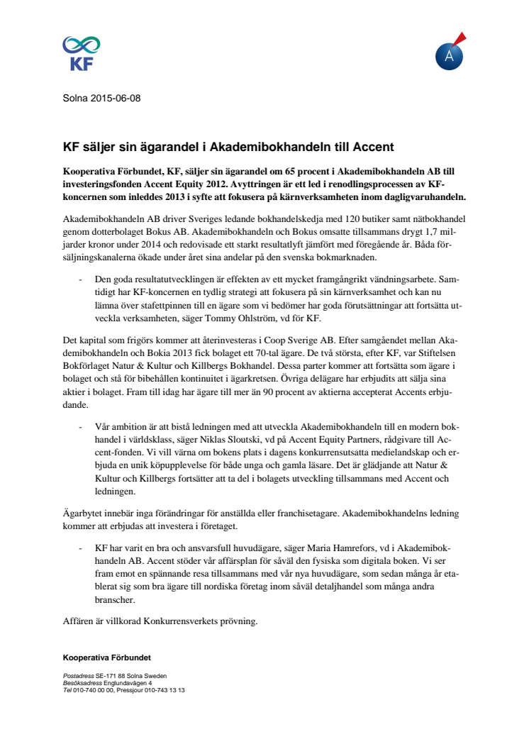 KF säljer sin ägarandel i Akademibokhandeln till Accent 