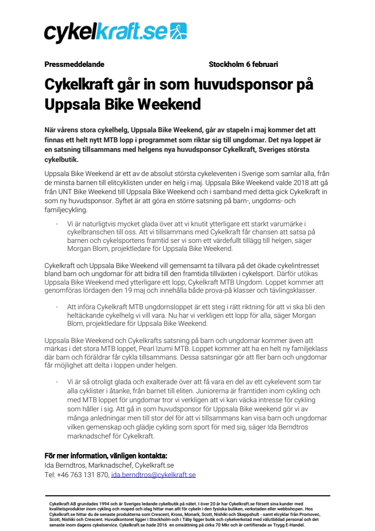 Cykelkraft går in som huvudsponsor på Uppsala Bike Weekend