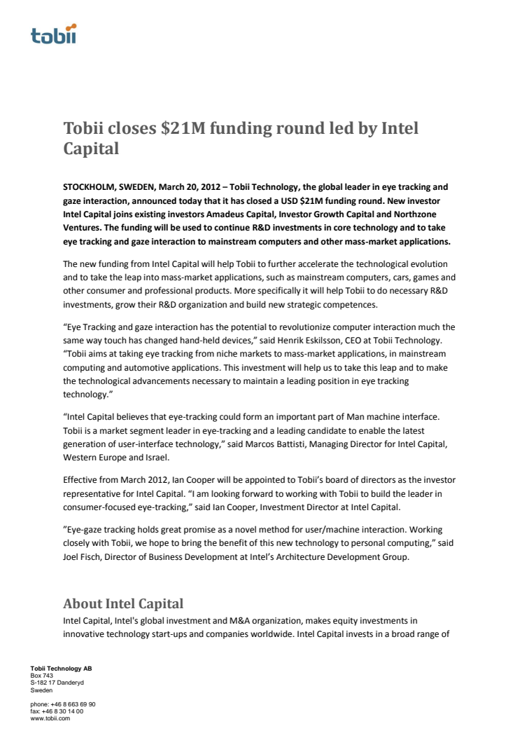 Tobii closes $21M funding round led by Intel Capital