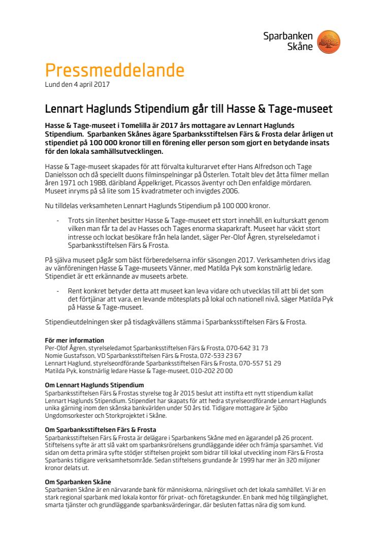 Lennart Haglunds Stipendium går till Hasse & Tage-museet