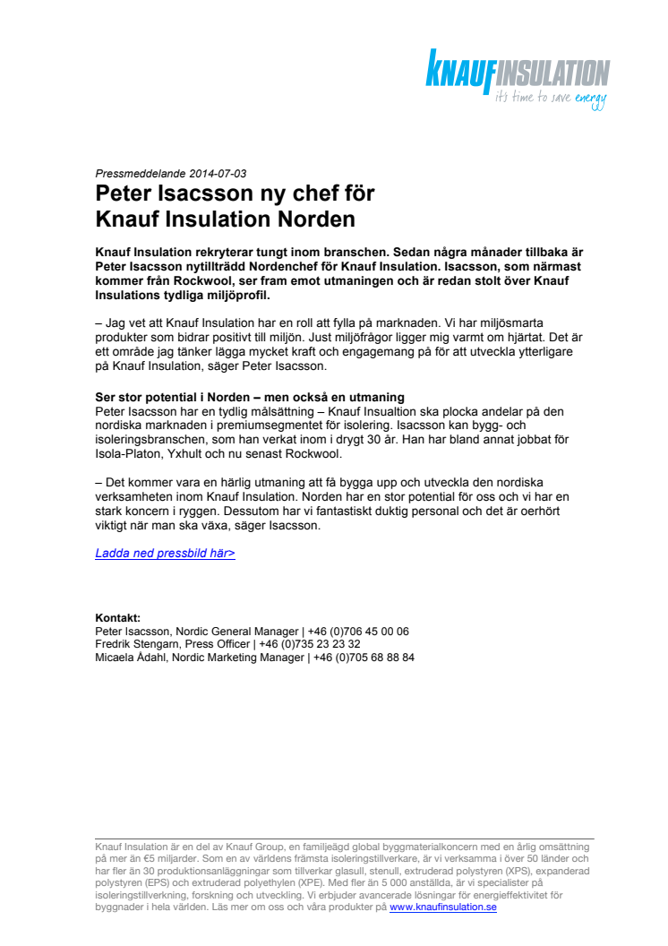 Peter Isacsson ny chef för Knauf Insulation Norden