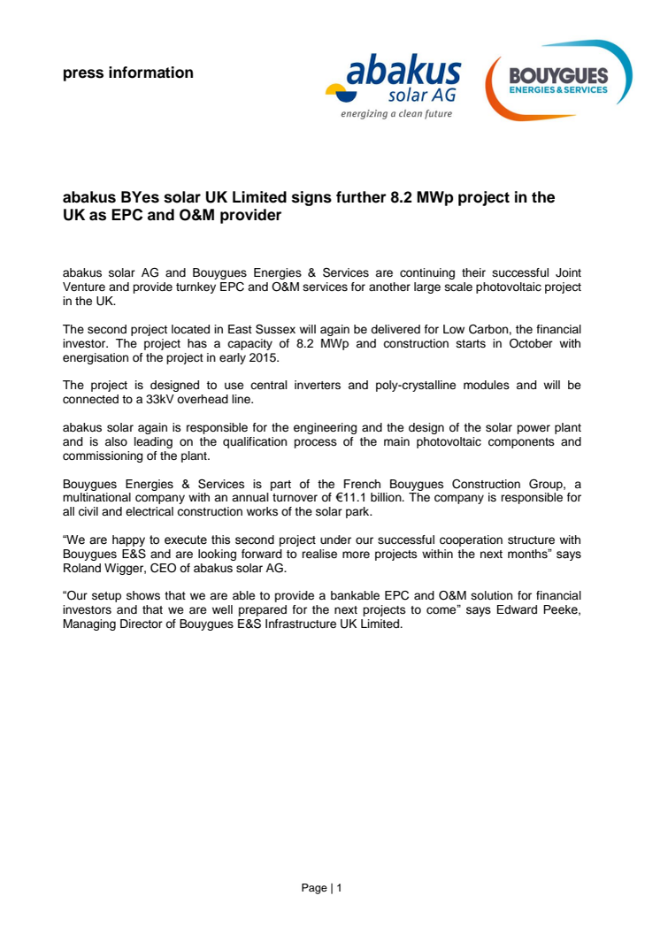 abakus BYes solar UK Limited signs further 8.2 MWp project in the UK as EPC and O&M provider