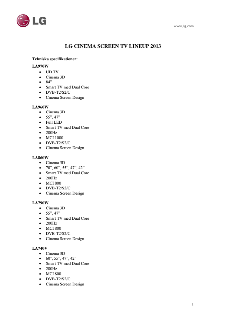 LG CINEMA SCREEN TV LINEUP