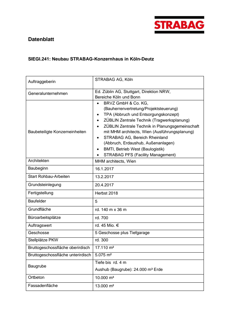 Datenblatt: Neubau der Unternehmenszentrale in Köln "SIEGI.241"
