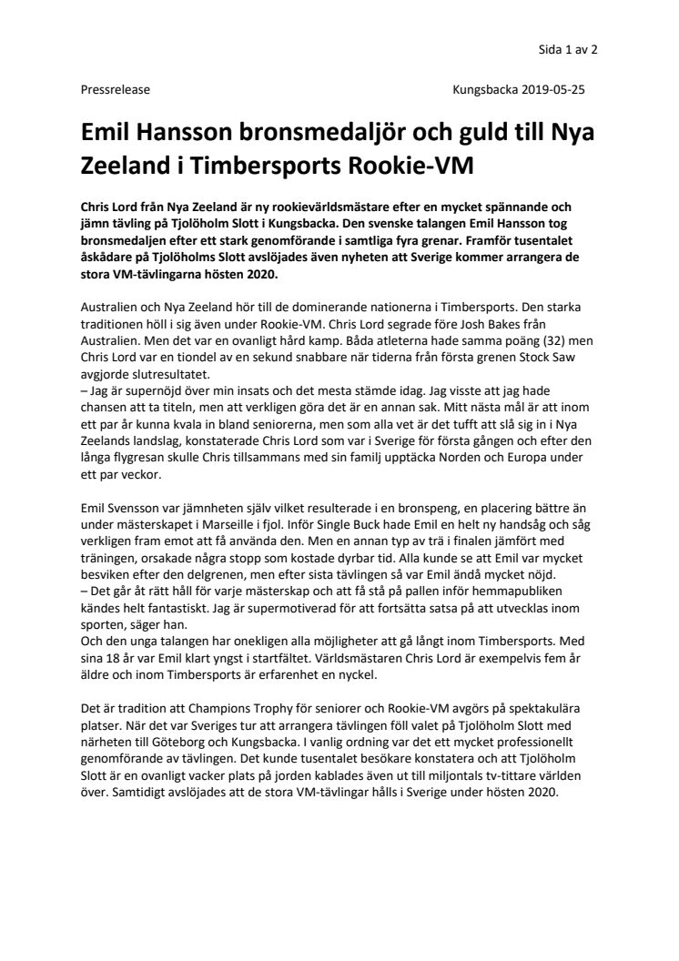 Emil Hansson bronsmedaljör och guld till Nya Zeeland i Timbersports Rookie-VM