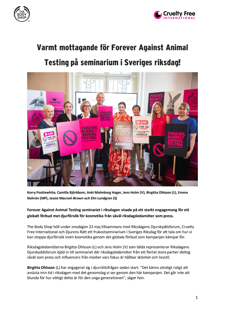 Varmt mottagande för Forever Against Animal Testing på seminarium i Sveriges riksdag!