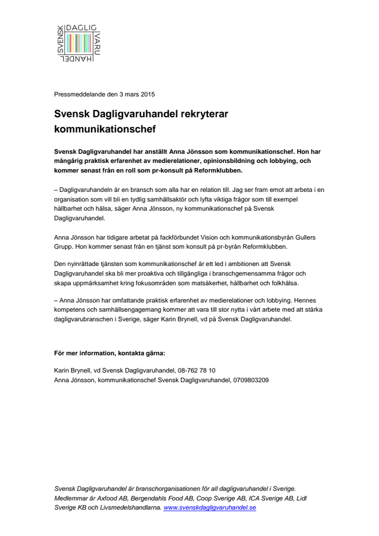 Svensk Dagligvaruhandel rekryterar kommunikationschef
