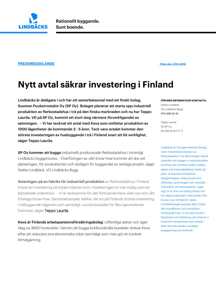 Nytt avtal säkrar investering i Finland