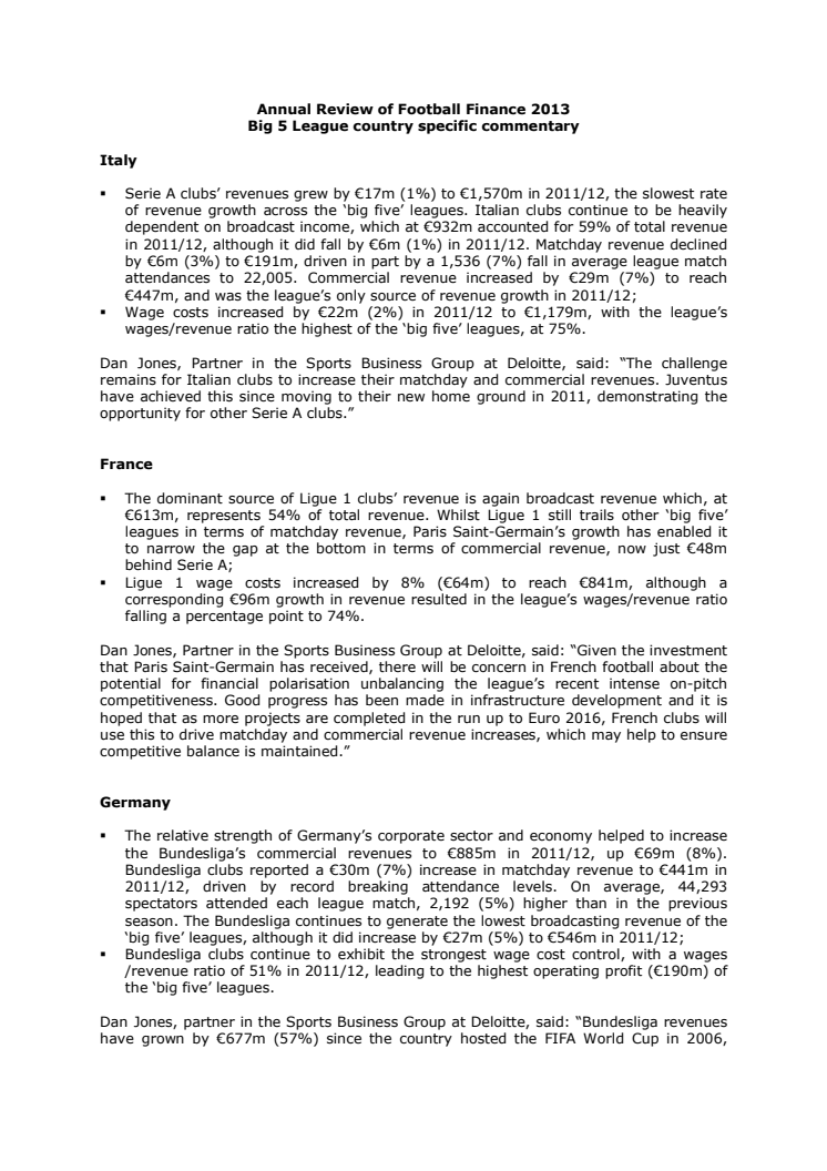 Annual Review Football Finance 2013 - European country specific comments