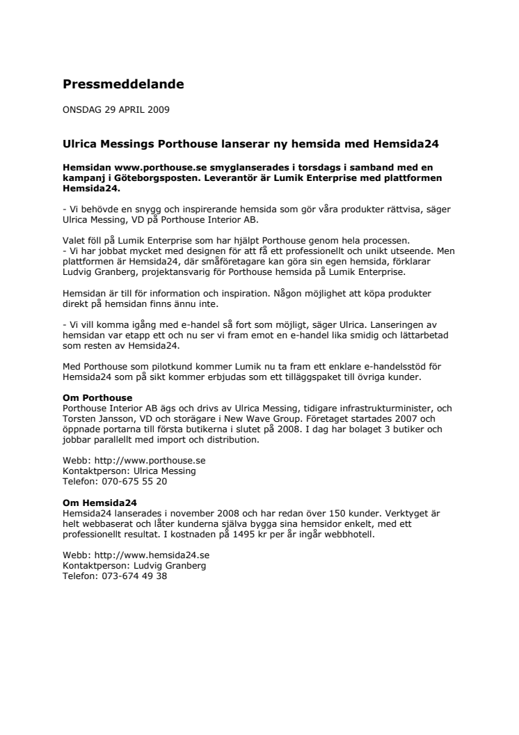 Ulrica Messings Porthouse lanserar ny hemsida med Hemsida24