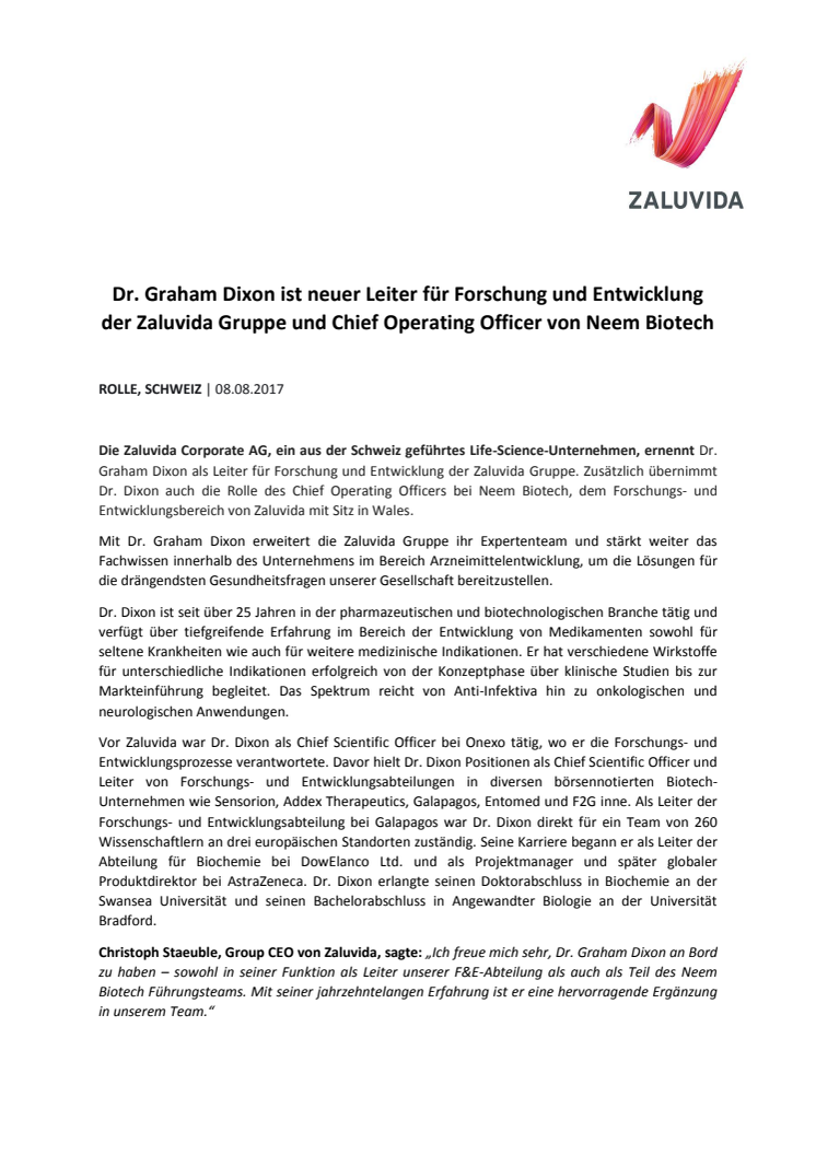 Dr. Graham Dixon ist neuer Leiter für Forschung und Entwicklung der Zaluvida Gruppe und Chief Operating Officer von Neem Biotech