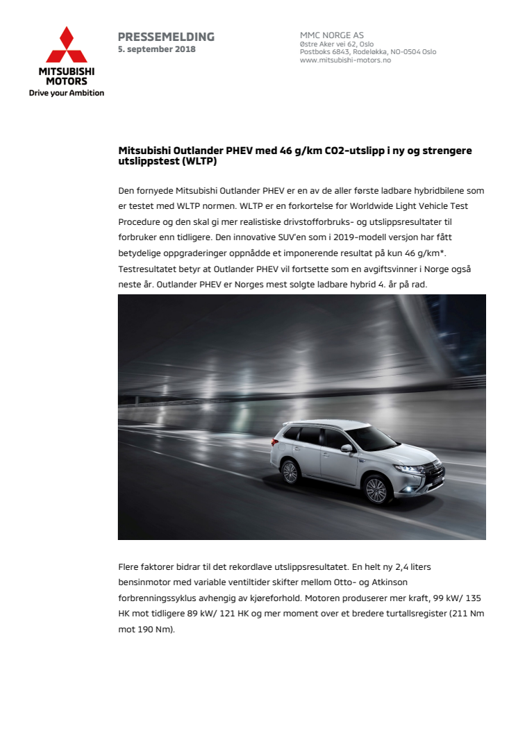 Mitsubishi Outlander PHEV med 46 g/km CO2-utslipp i ny og strengere utslippstest (WLTP)