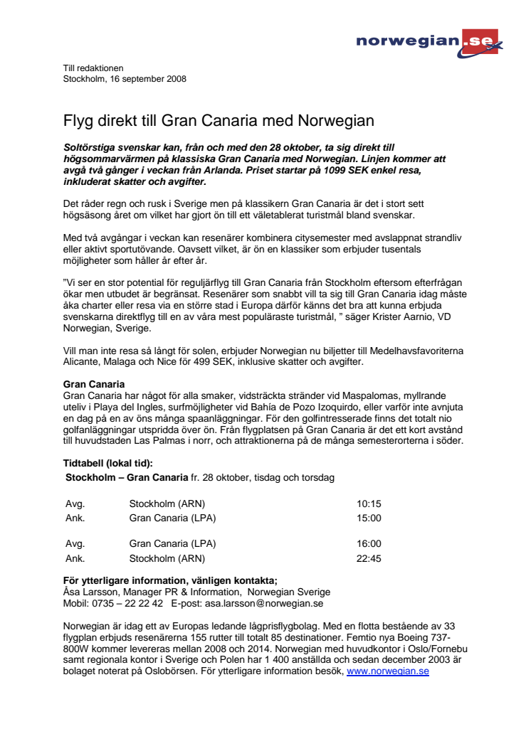 Flyg direkt till Gran Canaria med Norwegian