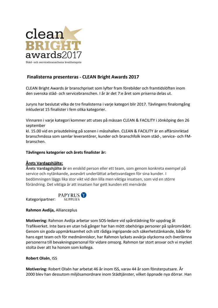 Finalisterna i CLEAN Bright Awards 2017 presenteras här!