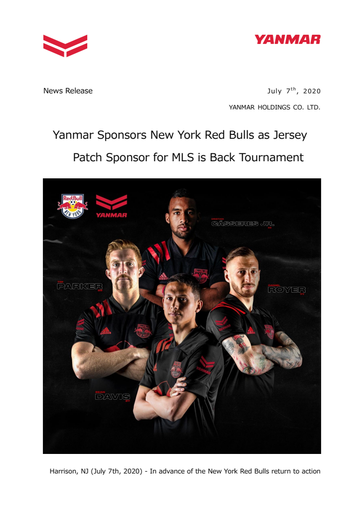 Yanmar Sponsors New York Red Bulls as Jersey Patch Sponsor for MLS is Back Tournament