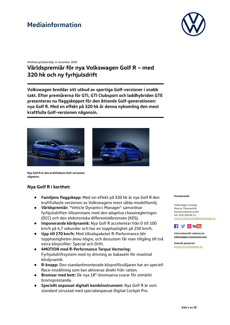 Världspremiär för nya Volkswagen Golf R – med 320 hk och ny fyrhjulsdrift