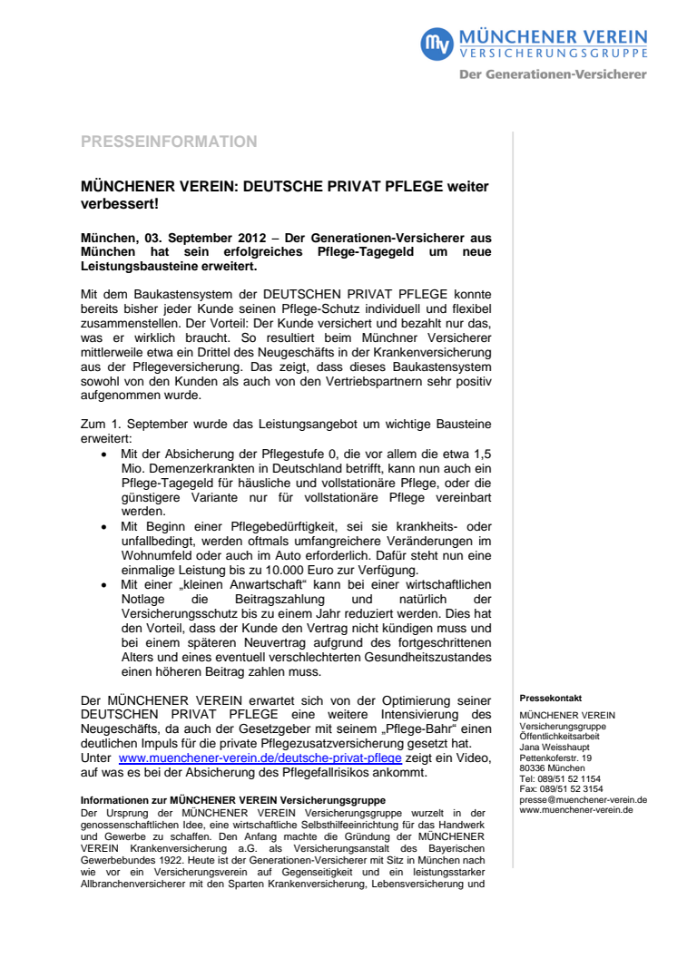 MÜNCHENER VEREIN: DEUTSCHE PRIVAT PFLEGE weiter verbessert!