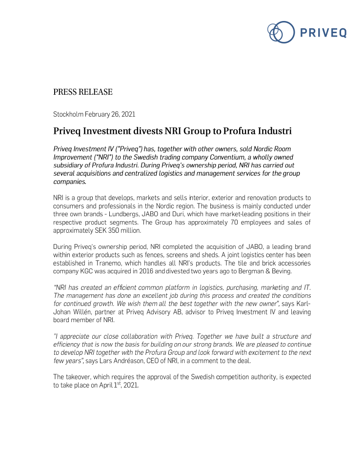 Priveq Investment divests NRI Group to Profura Industri