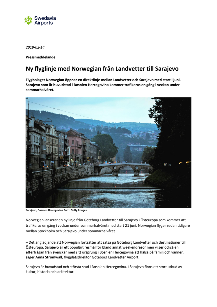 Ny flyglinje med Norwegian från Landvetter till Sarajevo