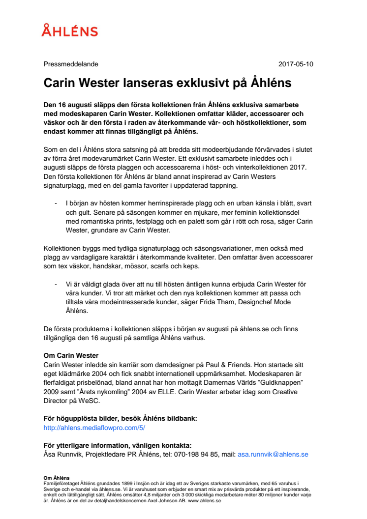 Carin Wester lanseras exklusivt på Åhléns