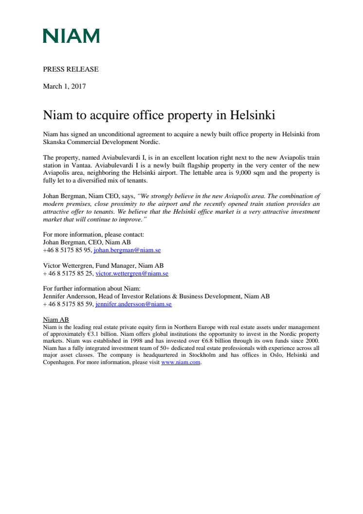 Niam to acquire office property in Helsinki